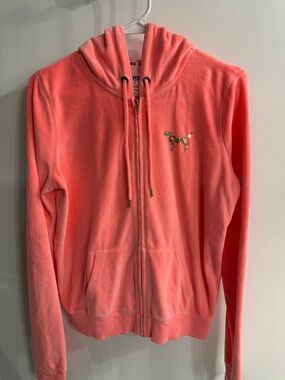 PINK Victoria's Secret Coral orange velour  Zip-Up Hoodie with Gold Sequin Dog